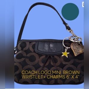 COACH MINI SIGNATURE DARK BROWN JACQUARD HEART CHARM & ENAMEL STAR 7" X 4" GUC